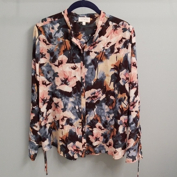 Lucky Brand Tops - Lucky Brand Mandarin Collar Black Floral Print Top